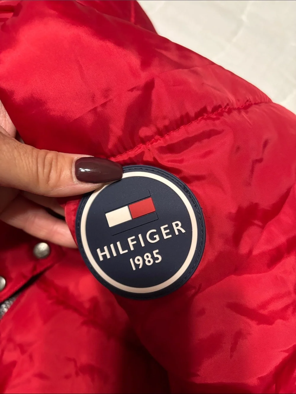 Tommy Hilfiger Red Hooded Puffer Jacket with Navy & White Stripes